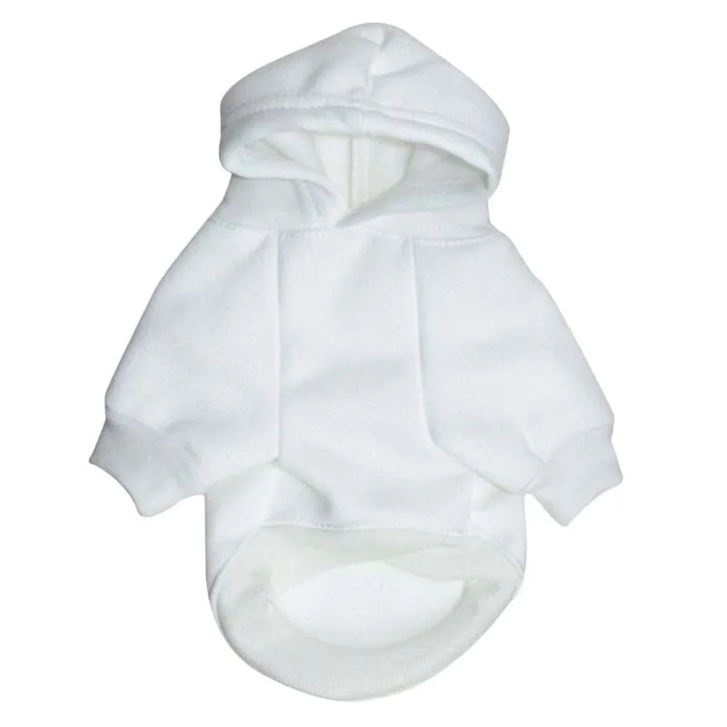 Small dog wearing a fleece hooded sweater in red, standing on a white background