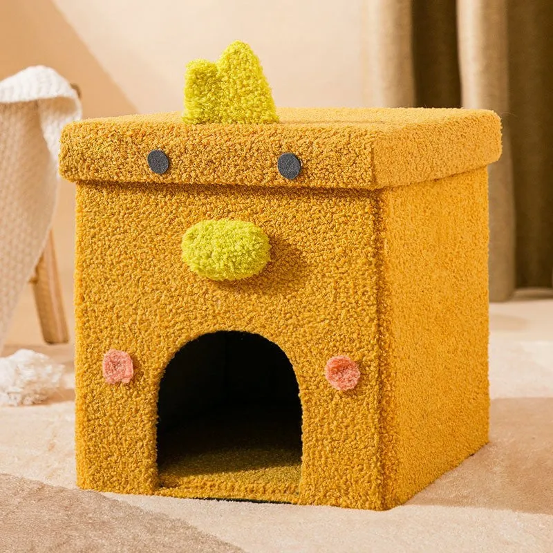 Foldable stool doghouse for small dogs, 35x35cm, with removable washable Teddy velvet cover in green dinosaur colour