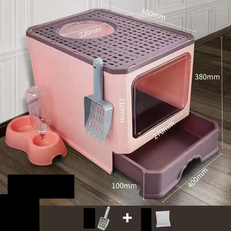 Large double door drawer foldable cat litter basin in PP, 50x38x39cm, grey colour with cat shovel