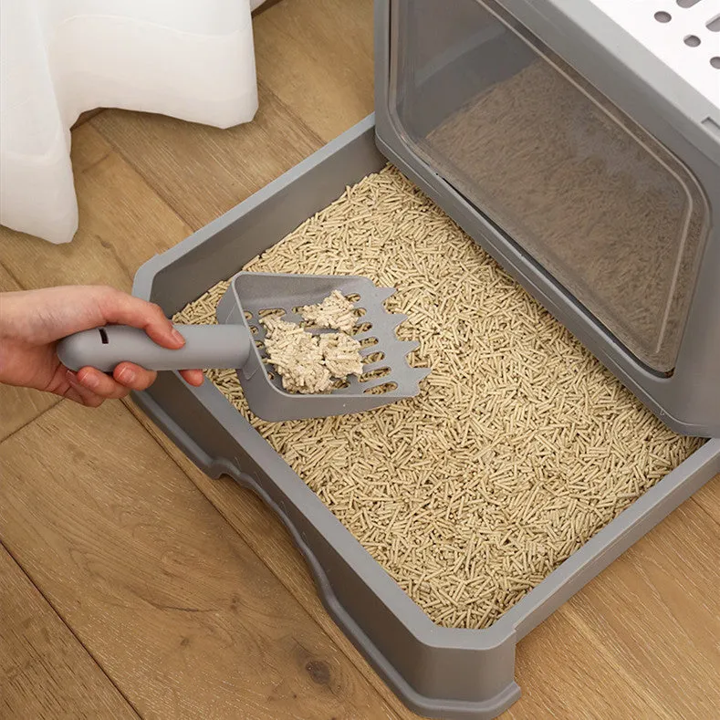 Large double door drawer foldable cat litter basin in PP, 50x38x39cm, grey colour with cat shovel
