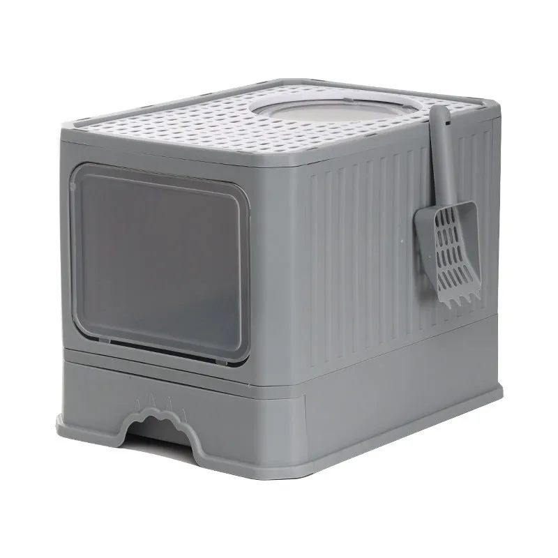 Large double door drawer foldable cat litter basin in PP, 50x38x39cm, grey colour with cat shovel