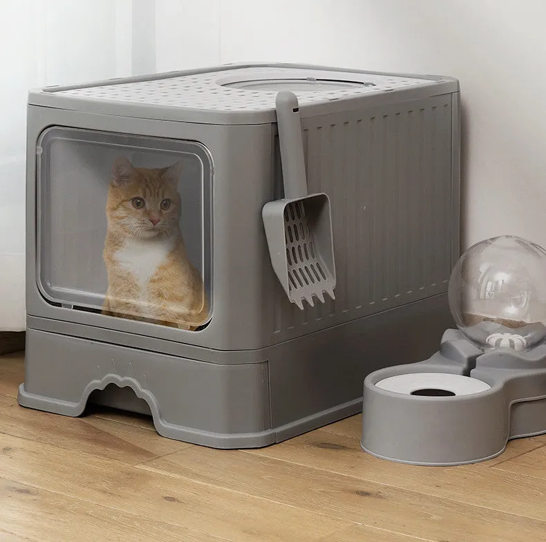 Large double door drawer foldable cat litter basin in PP, 50x38x39cm, grey colour with cat shovel