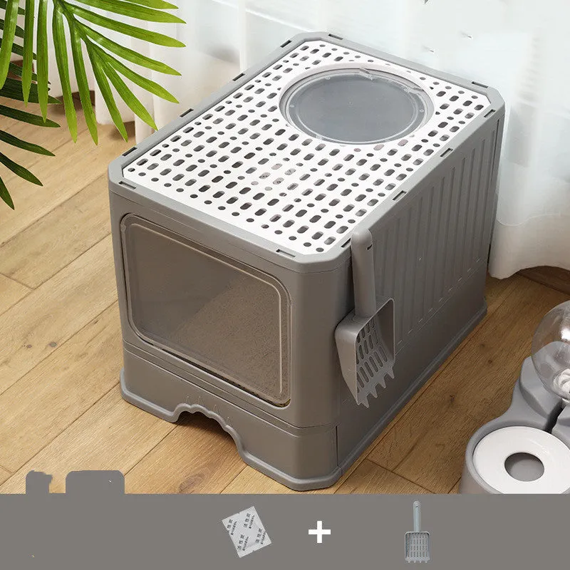 Large double door drawer foldable cat litter basin in PP, 50x38x39cm, grey colour with cat shovel