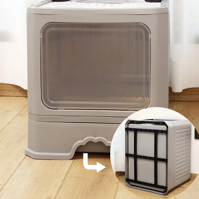 Large double door drawer foldable cat litter basin in PP, 50x38x39cm, grey colour with cat shovel