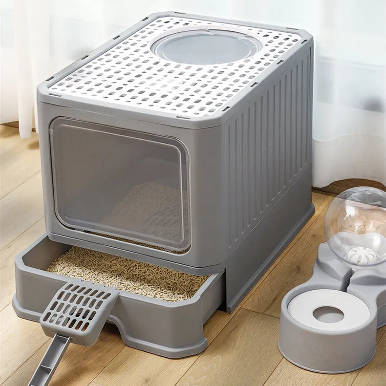 Large double door drawer foldable cat litter basin in PP, 50x38x39cm, grey colour with cat shovel