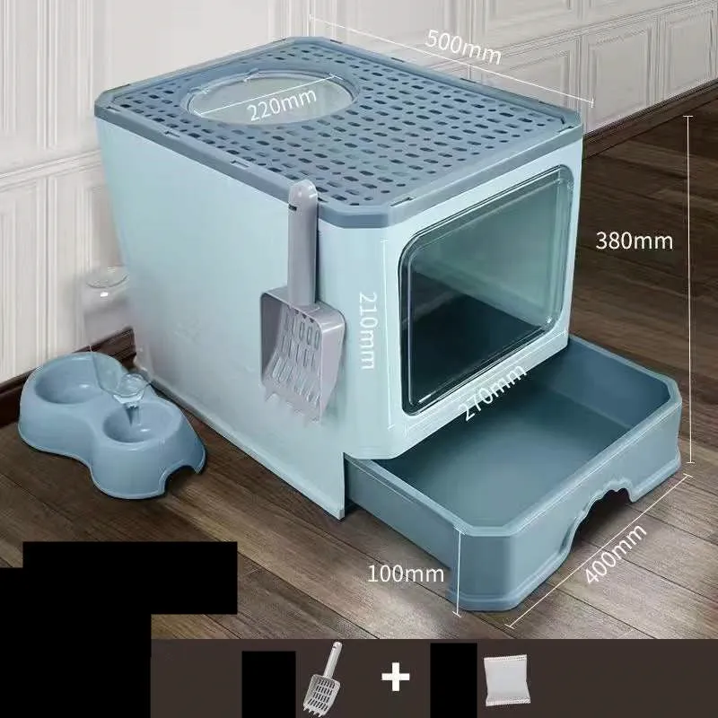 Large double door drawer foldable cat litter basin in PP, 50x38x39cm, grey colour with cat shovel