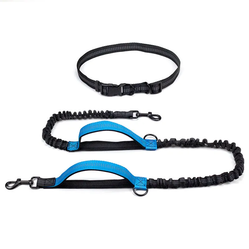 Reflective telescopic dog leash with adjustable belt, polyester construction, in fluorescent green colour with dual handles
