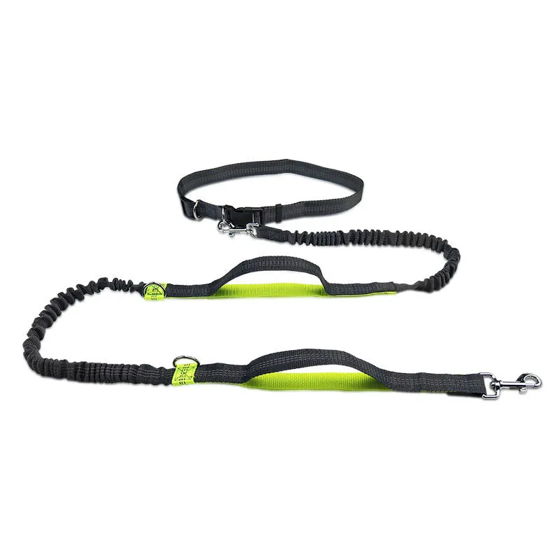 Reflective telescopic dog leash with adjustable belt, polyester construction, in fluorescent green colour with dual handles