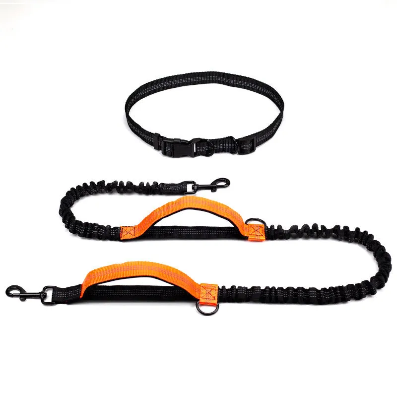 Reflective telescopic dog leash with adjustable belt, polyester construction, in fluorescent green colour with dual handles