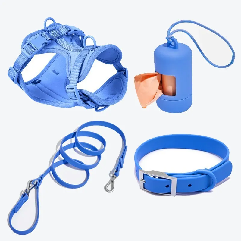 Dog tactical chest back collar set in PVC material with traction rope and harness, available in multiple colours