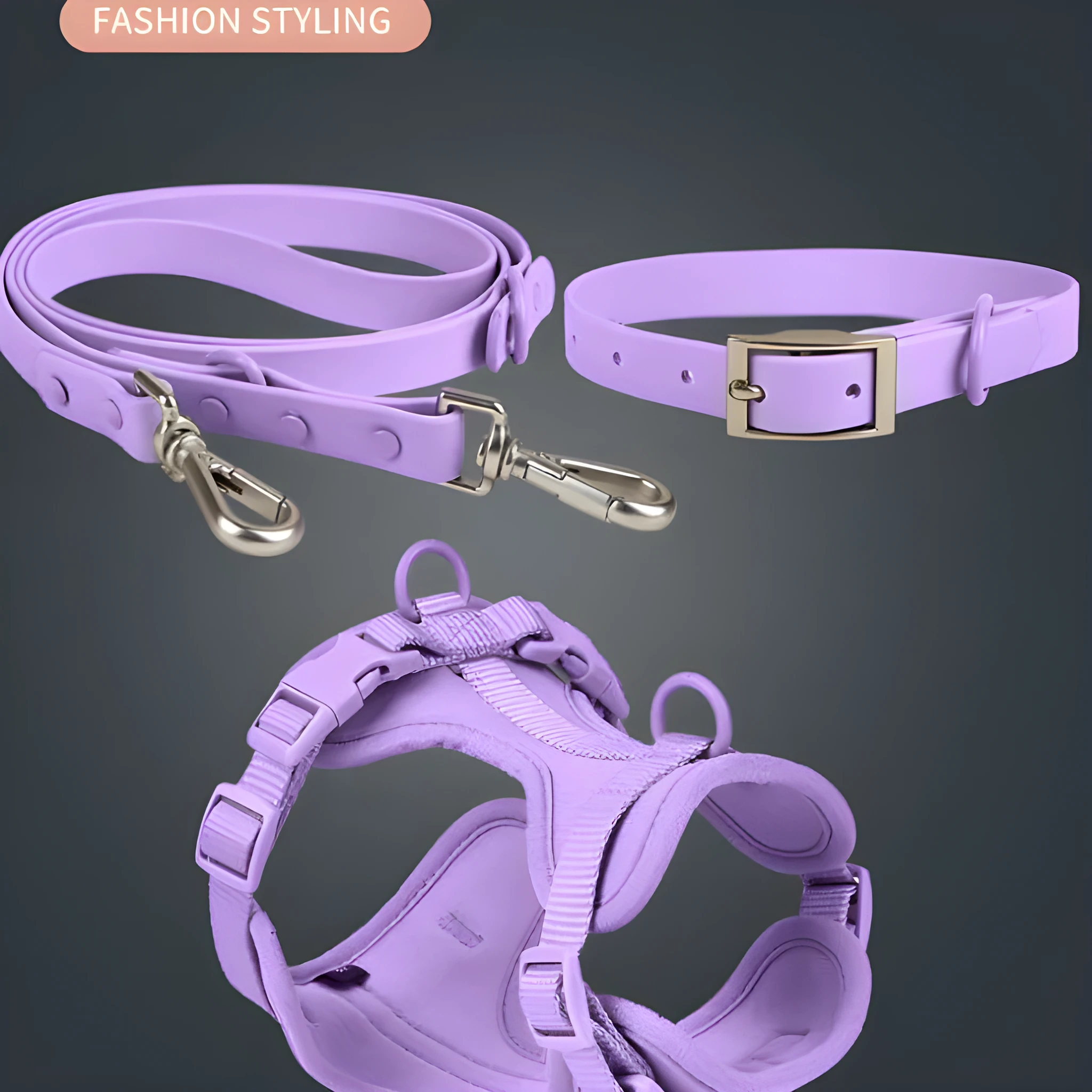 Dog tactical chest back collar set in PVC material with traction rope and harness, available in multiple colours