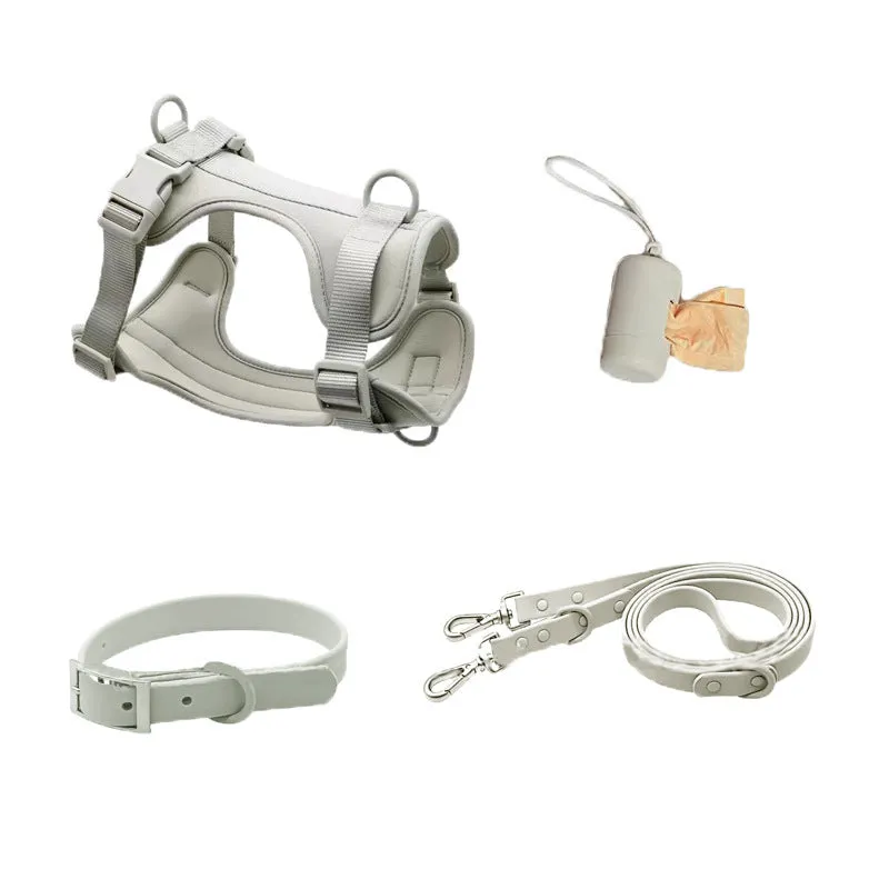Dog tactical chest back collar set in PVC material with traction rope and harness, available in multiple colours