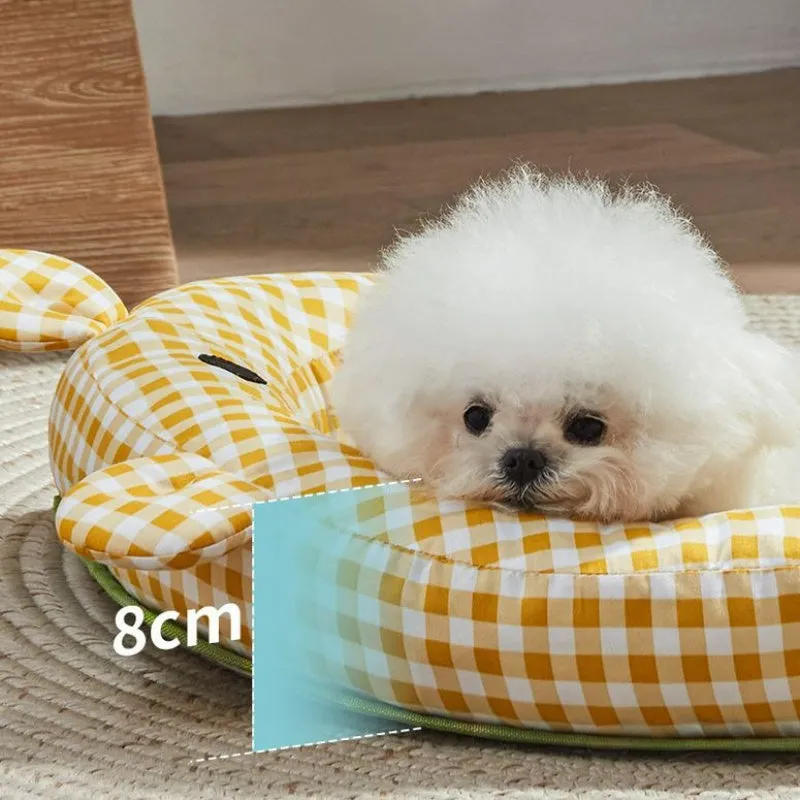 Green and yellow reversible dog cooling mat showing both sides, with size options S M L XL.