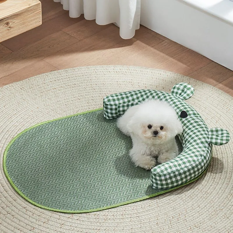 Green and yellow reversible dog cooling mat showing both sides, with size options S M L XL.
