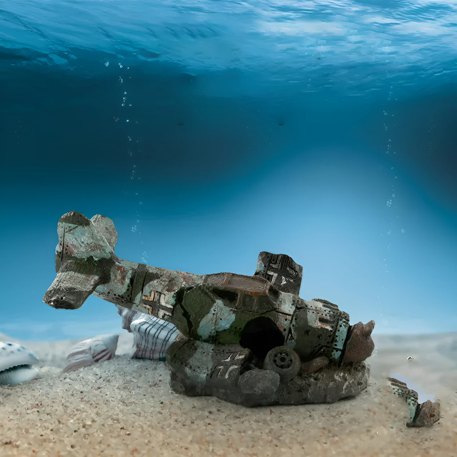 Resin aquarium ornament simulating aircraft wreckage, dimensions 8cm by 4.5cm by 4.5cm