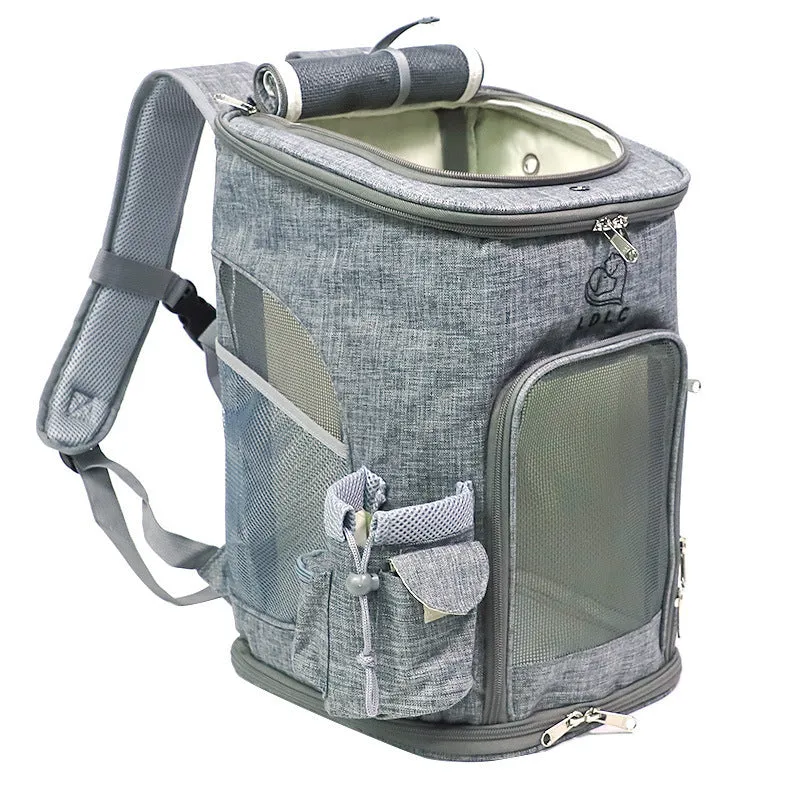 Portable pet carrying bag for small dogs and cats made from cationic linen in grey
