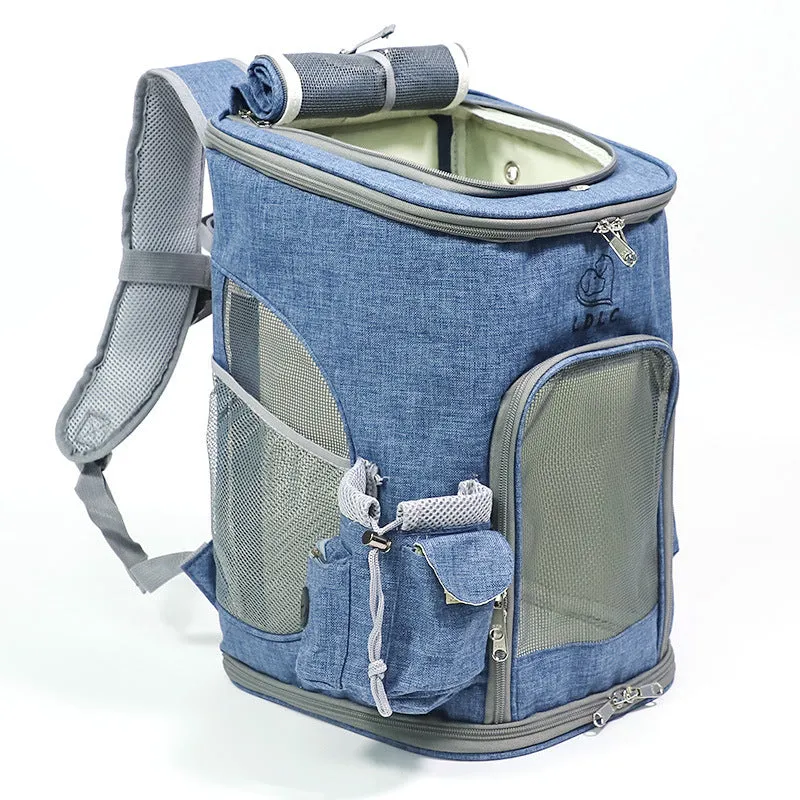 Portable pet carrying bag for small dogs and cats made from cationic linen in grey