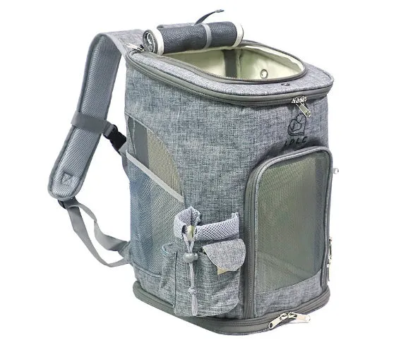 Portable pet carrying bag for small dogs and cats made from cationic linen in grey