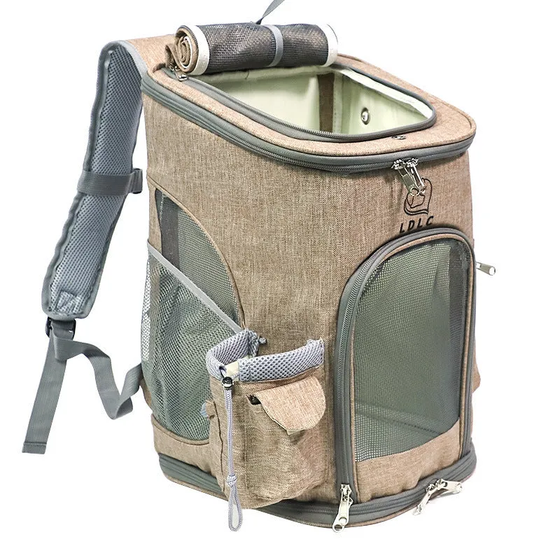 Portable pet carrying bag for small dogs and cats made from cationic linen in grey