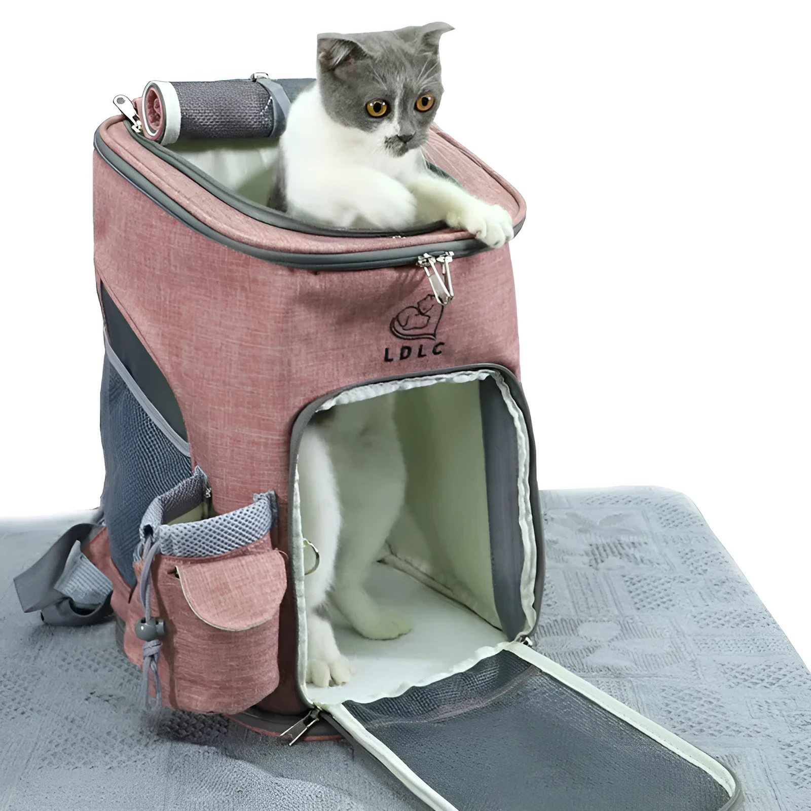 Portable pet carrying bag for small dogs and cats made from cationic linen in grey