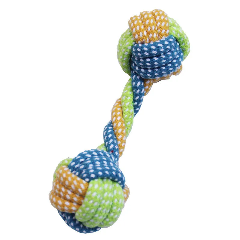 Hand woven cotton rope dog knot toy in vibrant colour set for interactive play