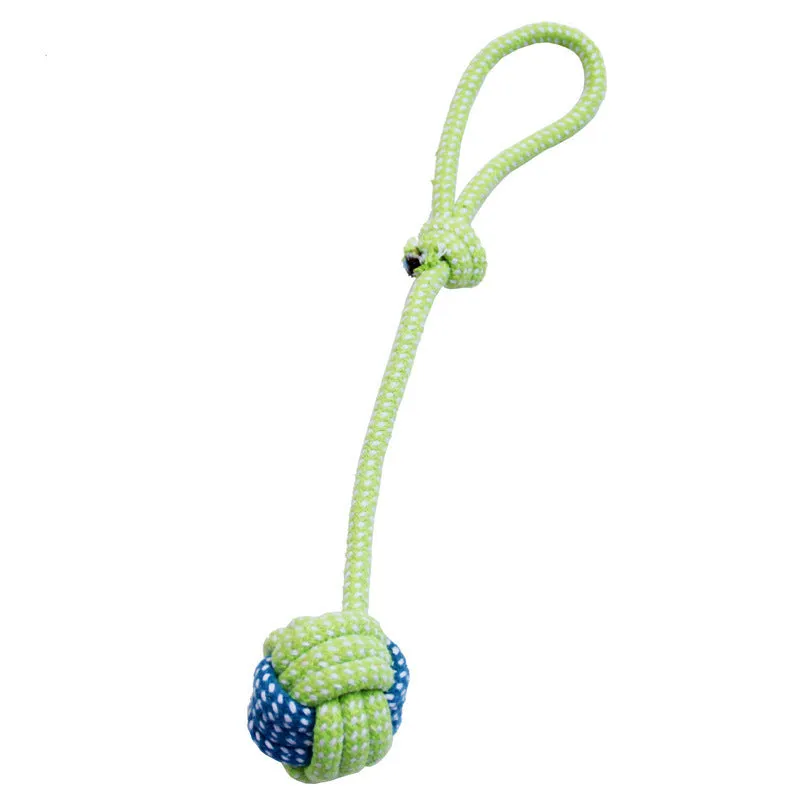 Hand woven cotton rope dog knot toy in vibrant colour set for interactive play