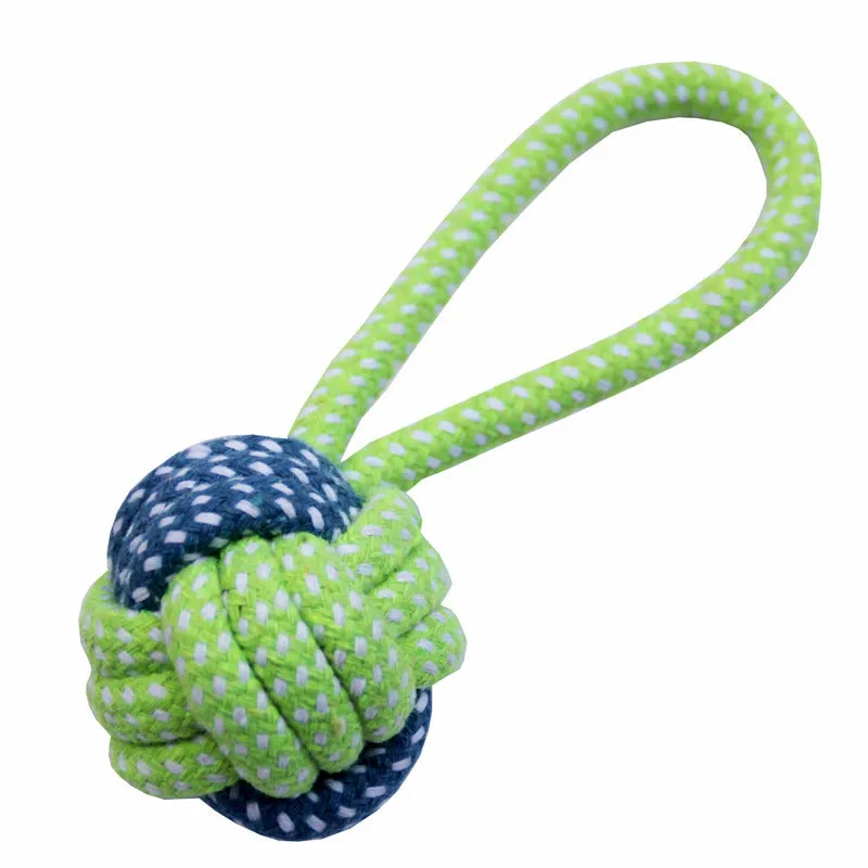 Hand woven cotton rope dog knot toy in vibrant colour set for interactive play