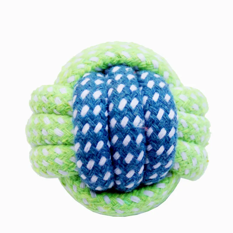 Hand woven cotton rope dog knot toy in vibrant colour set for interactive play