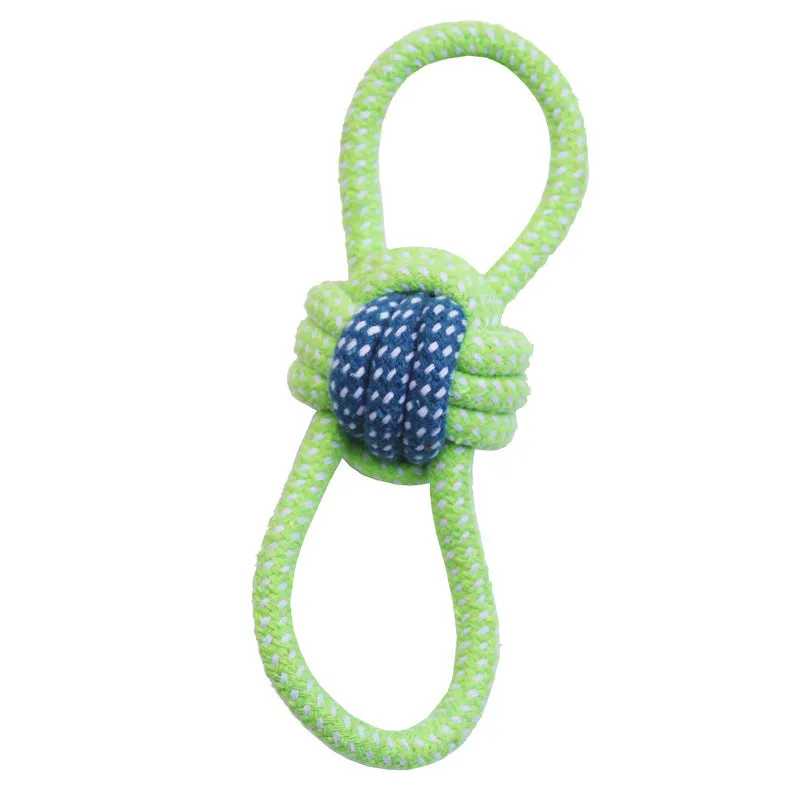 Hand woven cotton rope dog knot toy in vibrant colour set for interactive play
