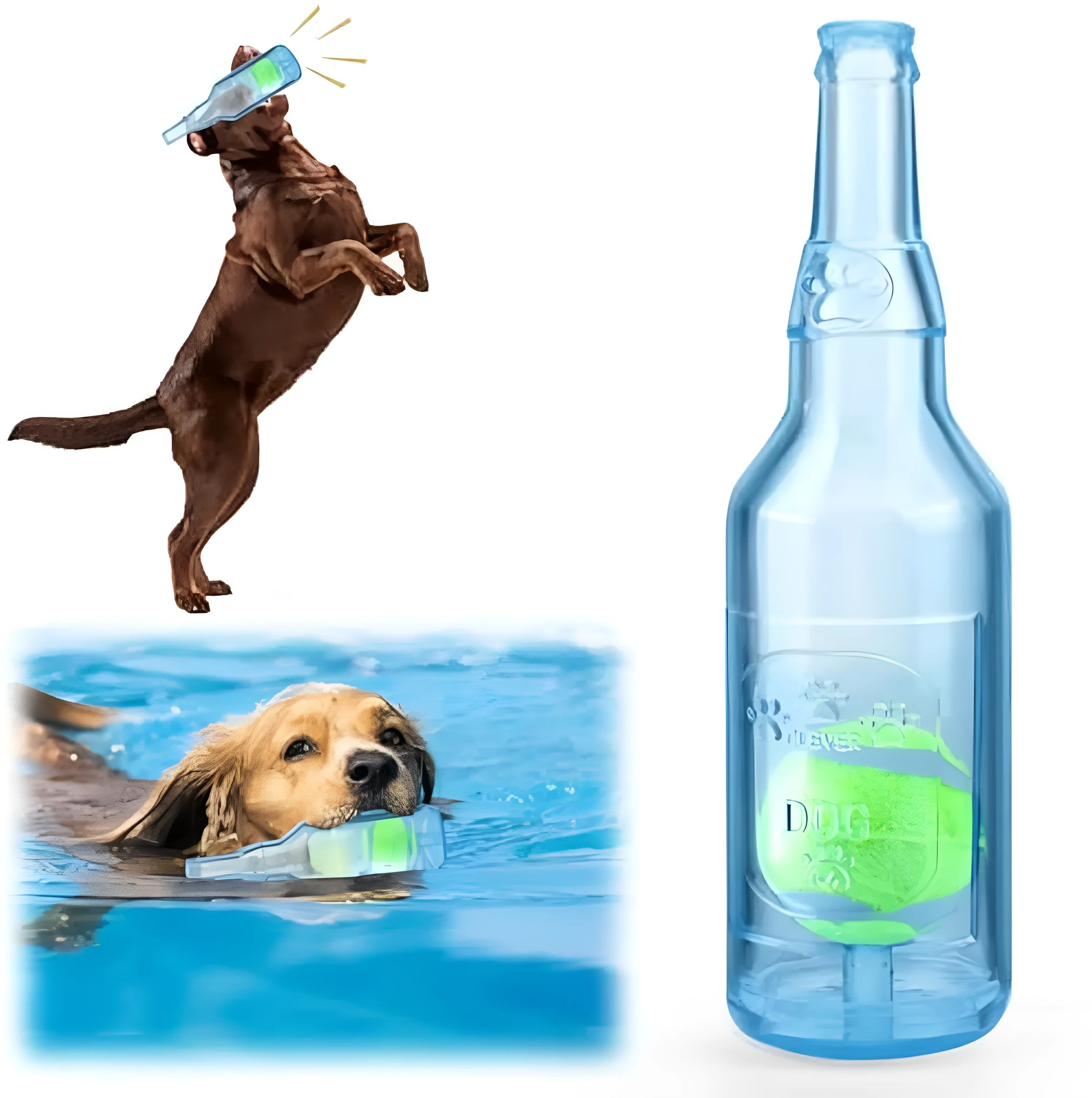 Blue natural rubber water bottle cruncher dog toy with squeaker for aggressive chewers