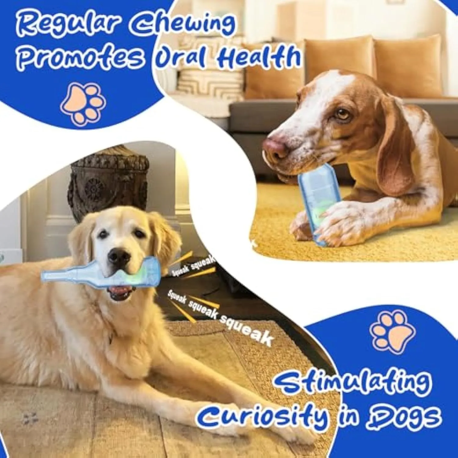 Blue natural rubber water bottle cruncher dog toy with squeaker for aggressive chewers