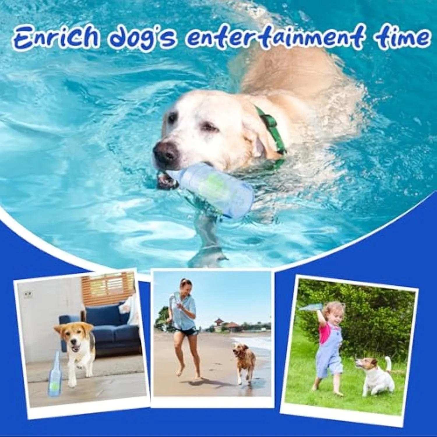 Blue natural rubber water bottle cruncher dog toy with squeaker for aggressive chewers