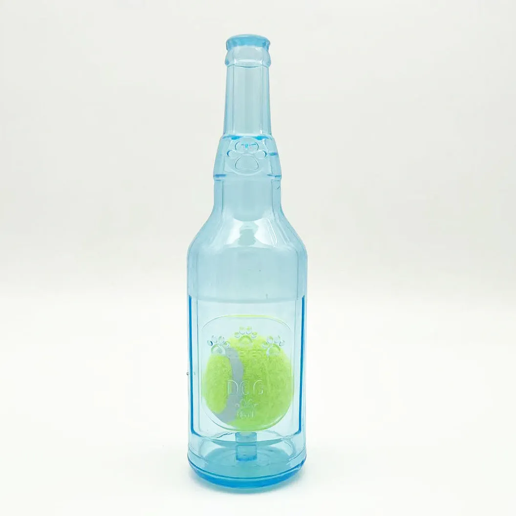 Blue natural rubber water bottle cruncher dog toy with squeaker for aggressive chewers