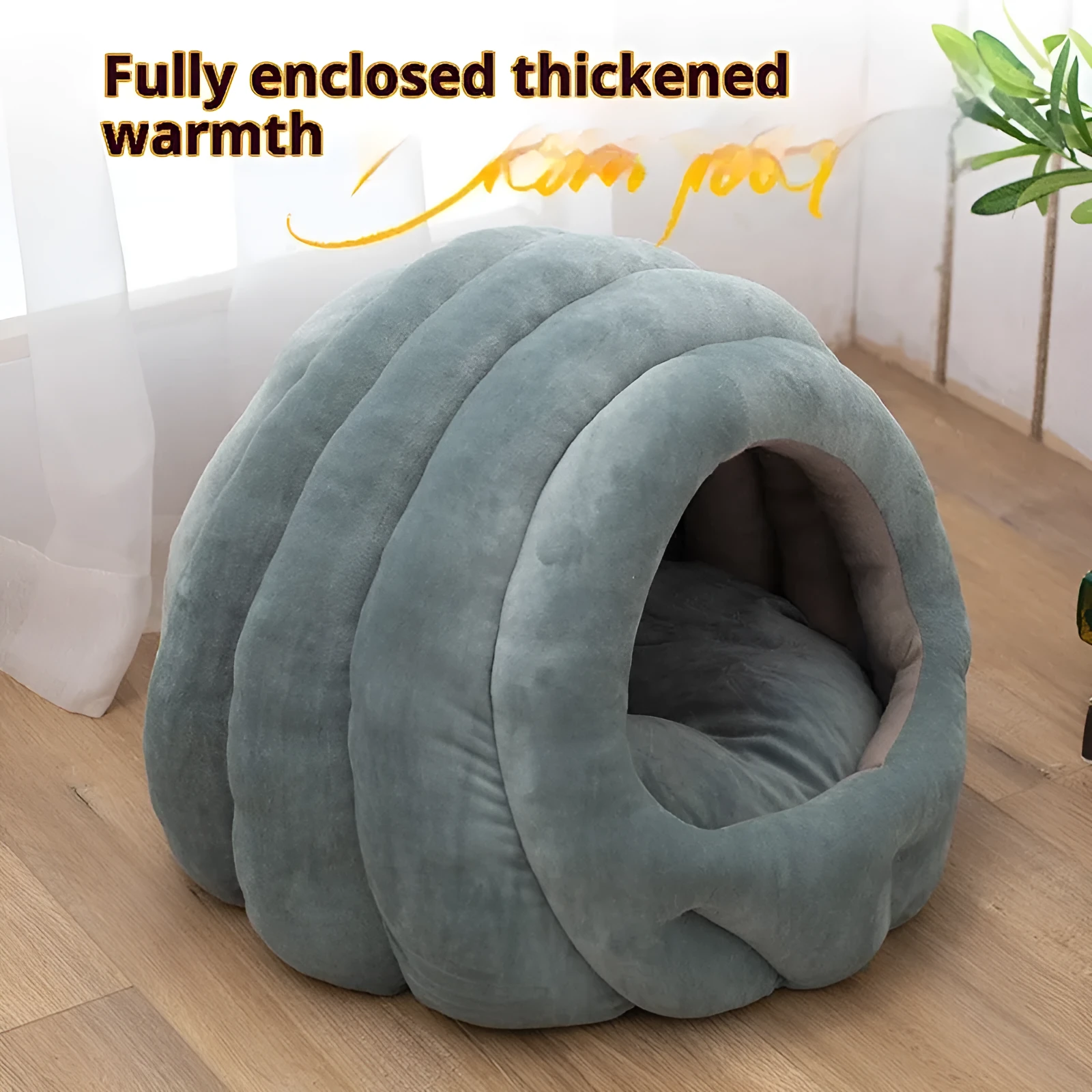 Fully enclosed cat nest in smokey blue flannel with PP cotton filling, L size 40x40x35cm, on floor