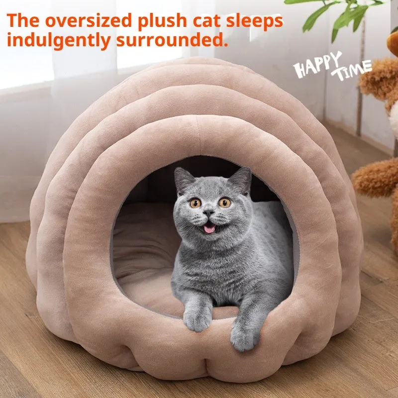 Fully enclosed cat nest in smokey blue flannel with PP cotton filling, L size 40x40x35cm, on floor