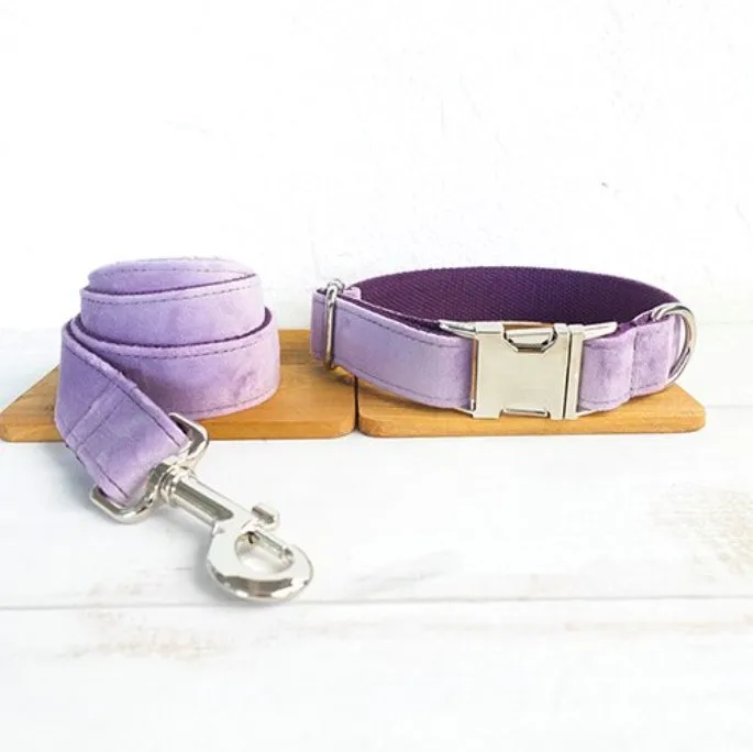 MUTTCO drawstring traction belt set in light purple thick velvet for dogs with matching collar leash and tie