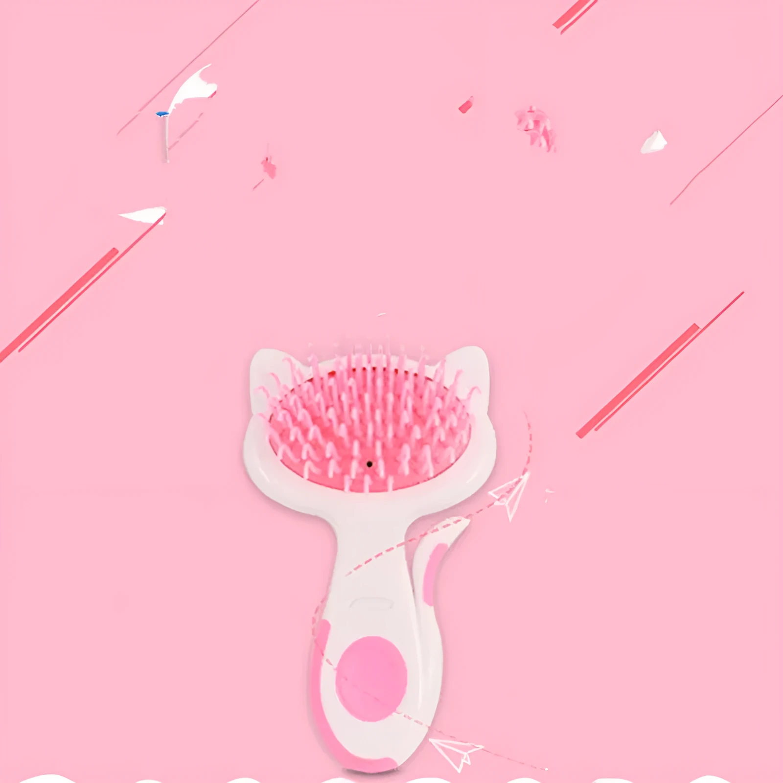 Cat hair comb with ABS resin body, rubber comb needle and nylon bristles, 7.2cm wide by 13cm high, pink colour