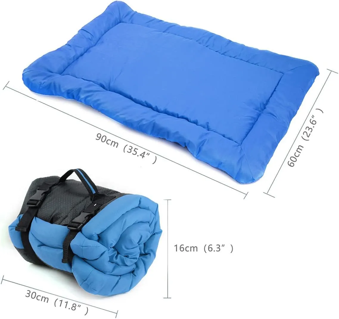 Blue foldable waterproof dog bed shown both open and folded with nylon buckles, on grass.