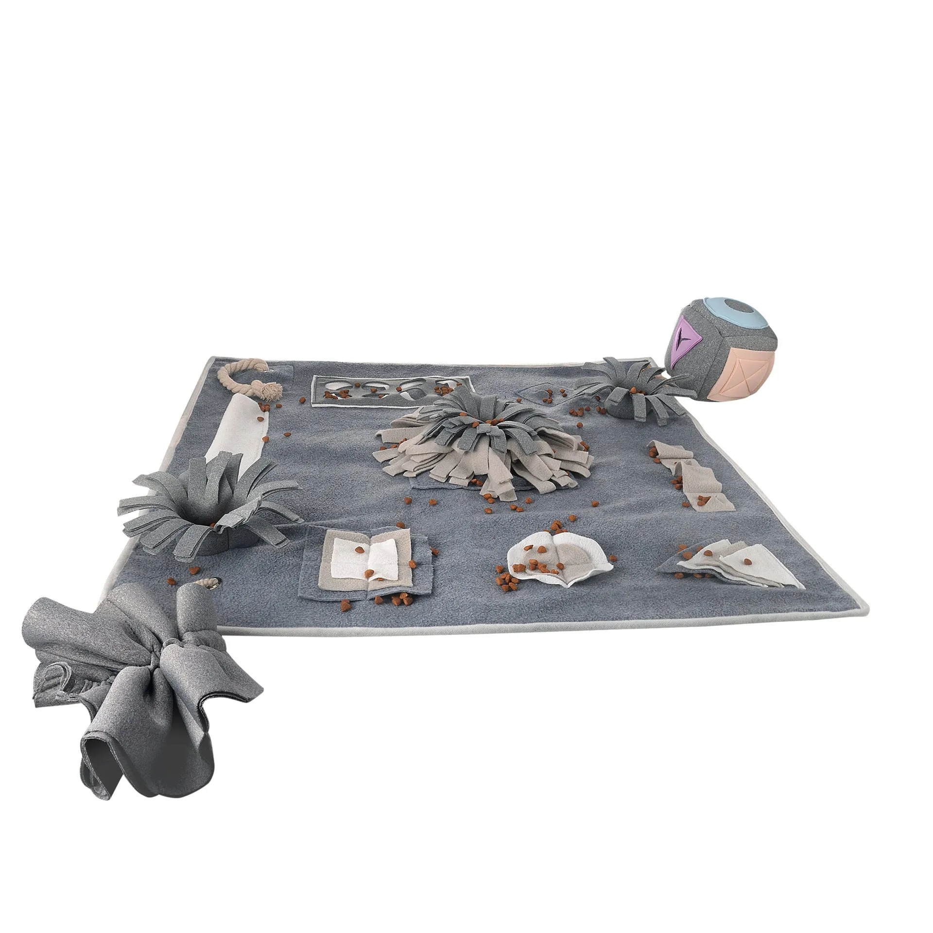Grey cloth pet sniffing pad with two snuffle toys on a surface, designed for dog foraging and stress relief