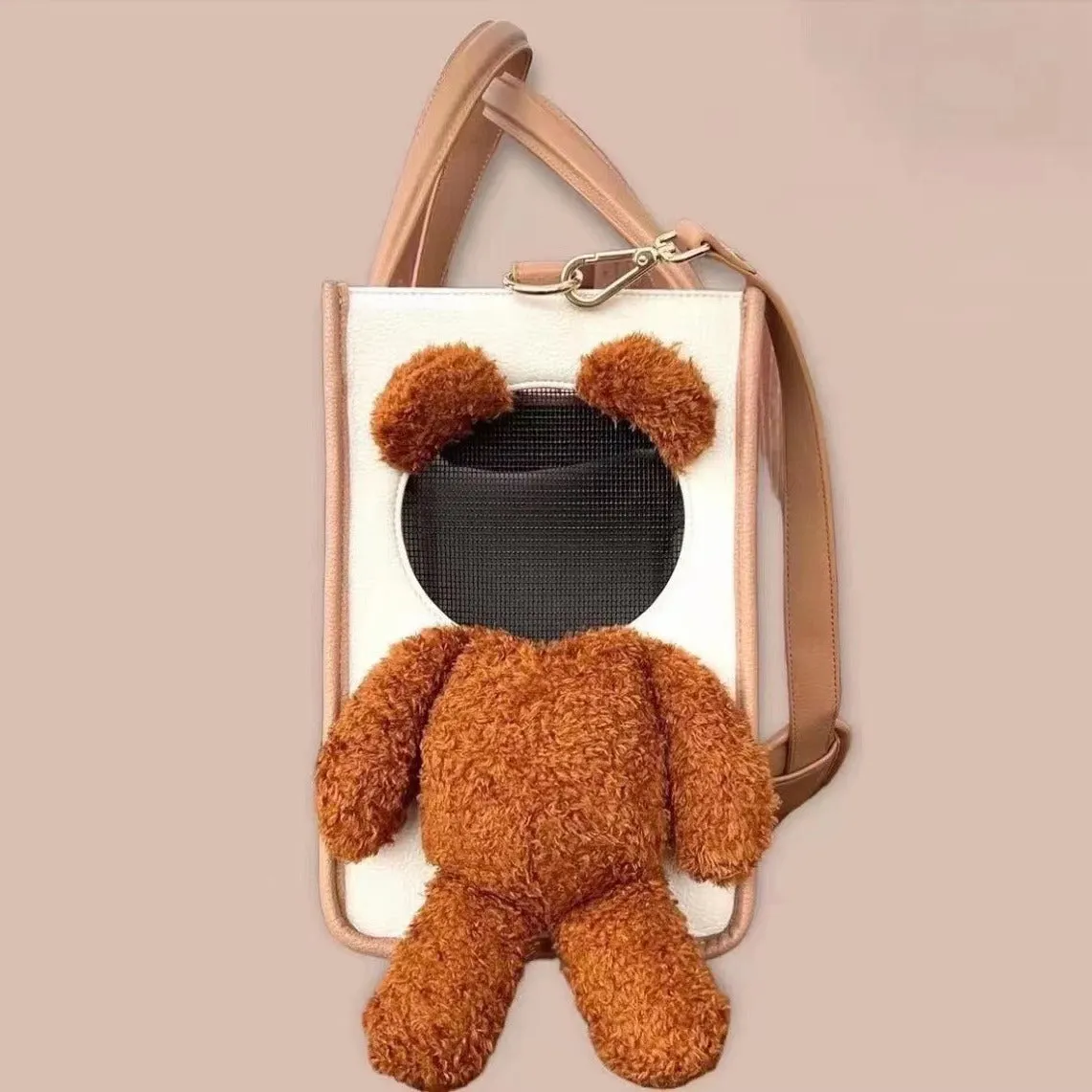One-shoulder portable dog outing bag in white with brown, 30L capacity, made from PU material, pet product with animal print