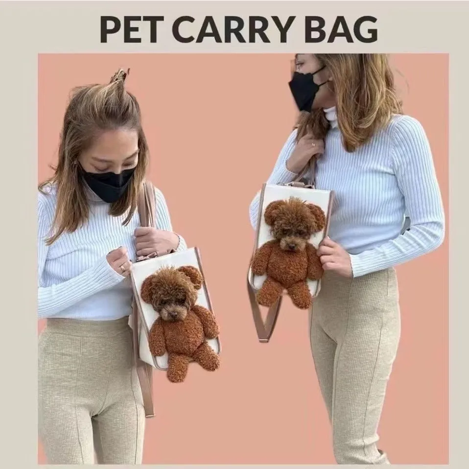 One-shoulder portable dog outing bag in white with brown, 30L capacity, made from PU material, pet product with animal print