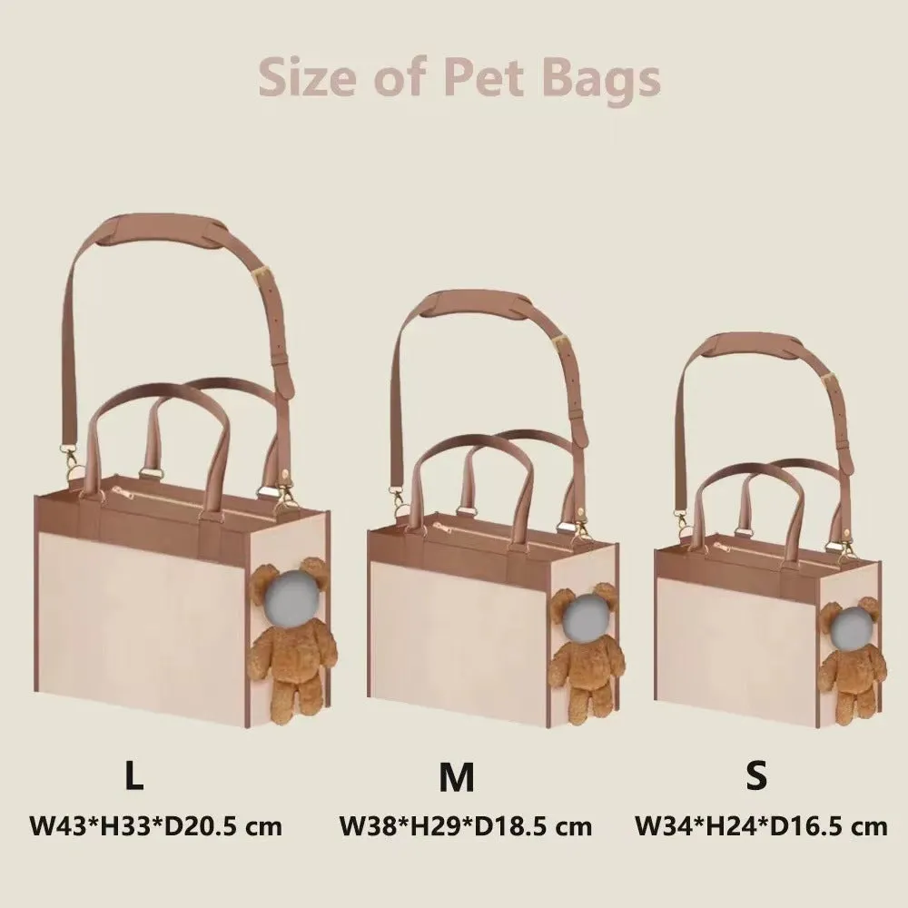 One-shoulder portable dog outing bag in white with brown, 30L capacity, made from PU material, pet product with animal print