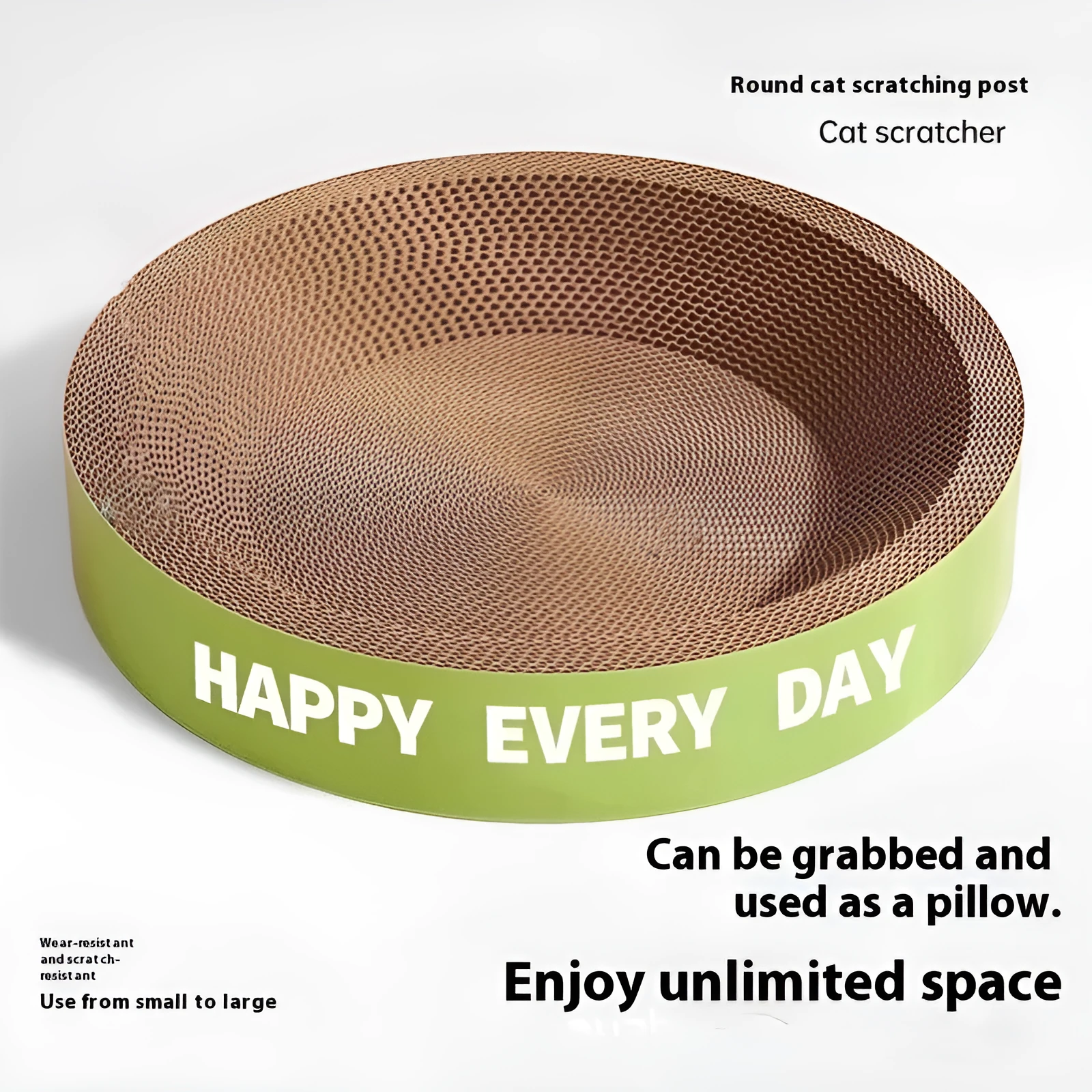Green round cat scratching board nest, a combined scratching pad and bed measuring 50cm in diameter.