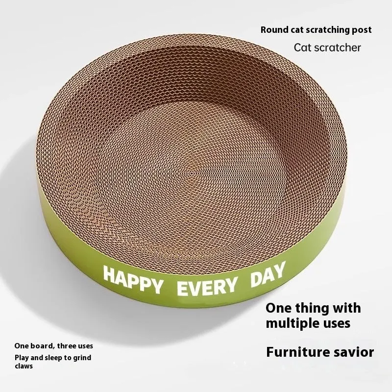 Green round cat scratching board nest, a combined scratching pad and bed measuring 50cm in diameter.