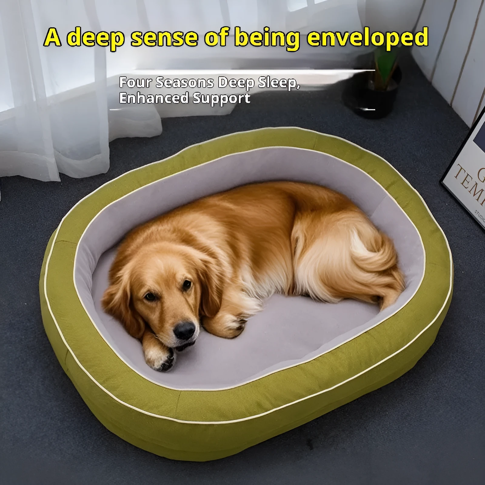 Oval removable cloth pet bed for dogs in green, available in S, M, L sizes