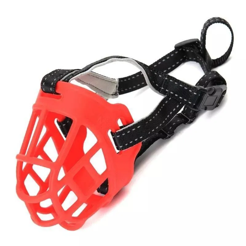 Golden Panda soft silicone dog muzzle in red with cotton webbing strap
