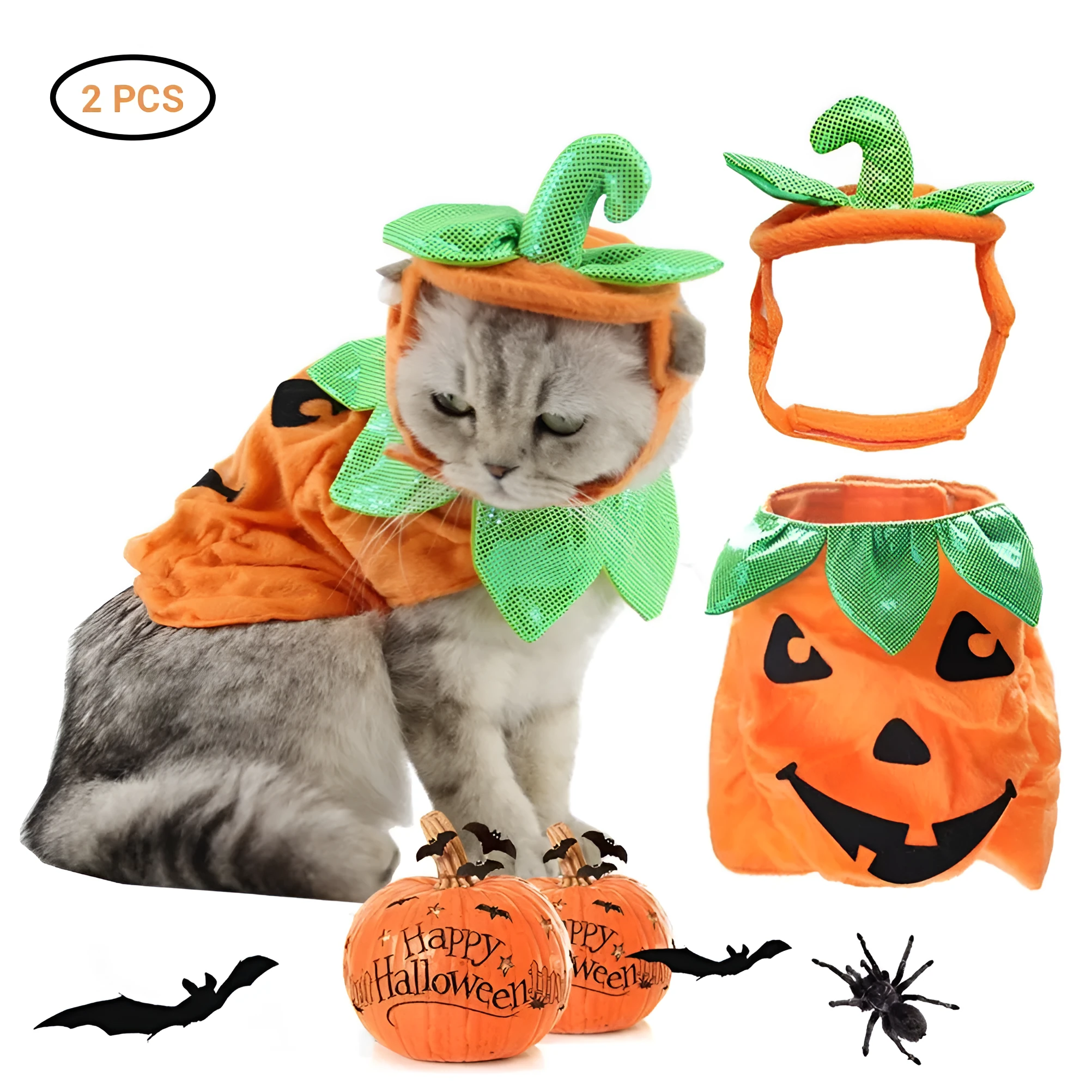 Yellow pumpkin Halloween pet costume with green leaf decoration on a cat wearing the hat and dress