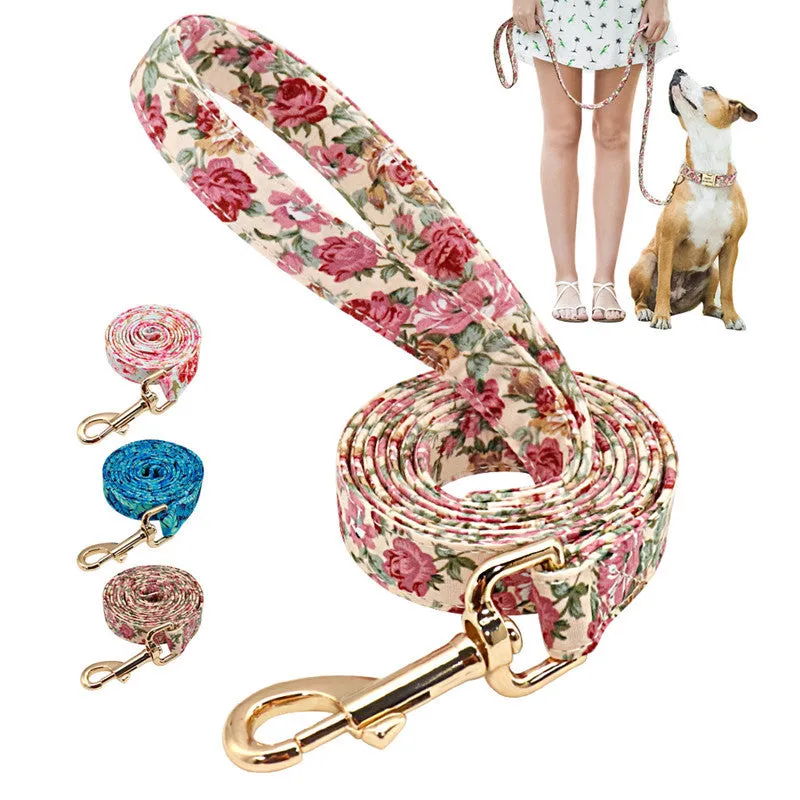 Nylon dog traction rope leash 1.5m x 2cm in small floral beige colour on white background