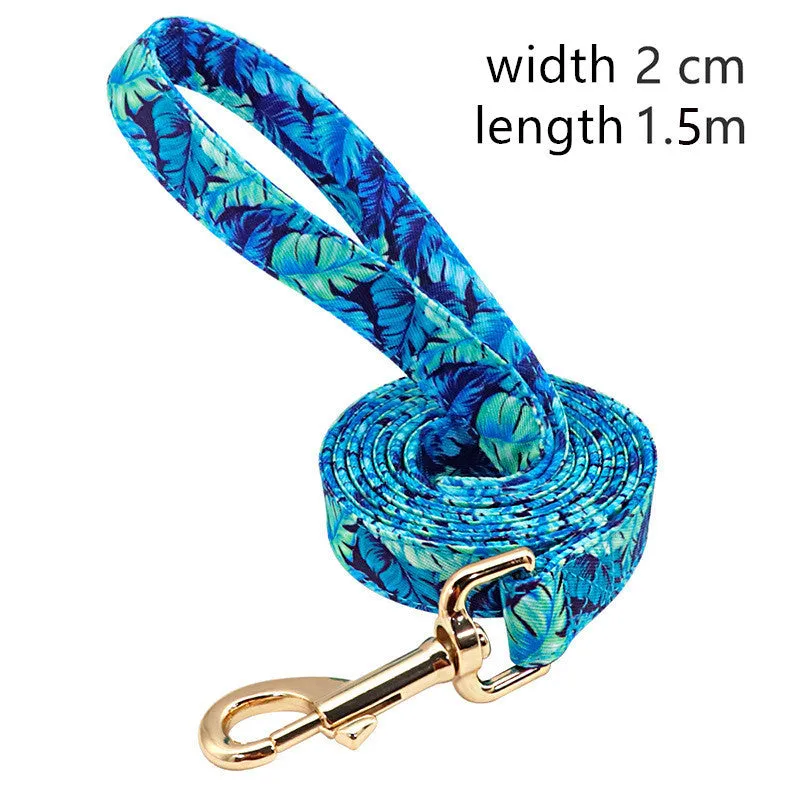 Nylon dog traction rope leash 1.5m x 2cm in small floral beige colour on white background