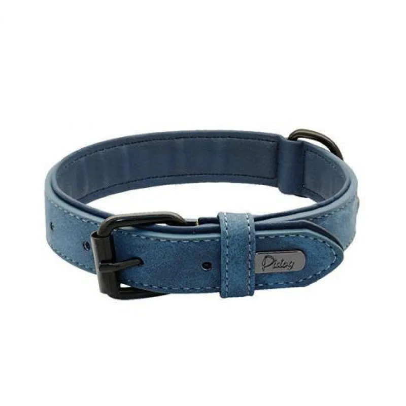 Adjustable dog collar showing double-layer construction with PU front and microfiber back in multiple colour options